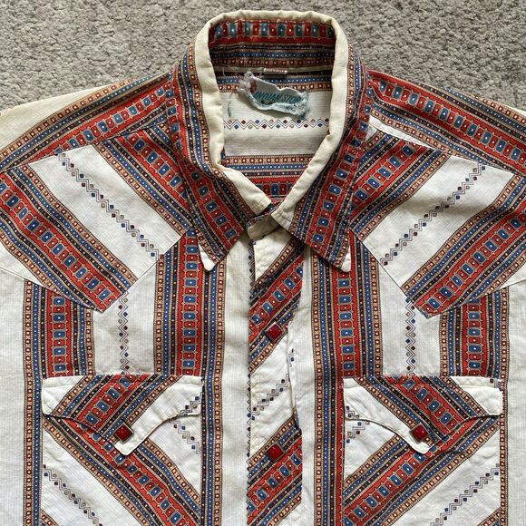 Vintage 50s Western Shirt Stripe Pattern Diamond Snap Indian Store Cotton Medium - Picture 1 of 14